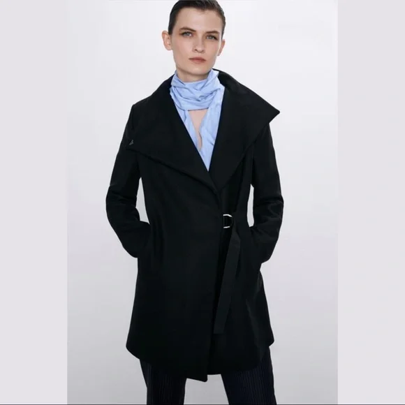 ZARA MANTECO Italian Luxury Wool Black Asymmetrical Belted Jacket Colins Coat M - Picture 3 of 16